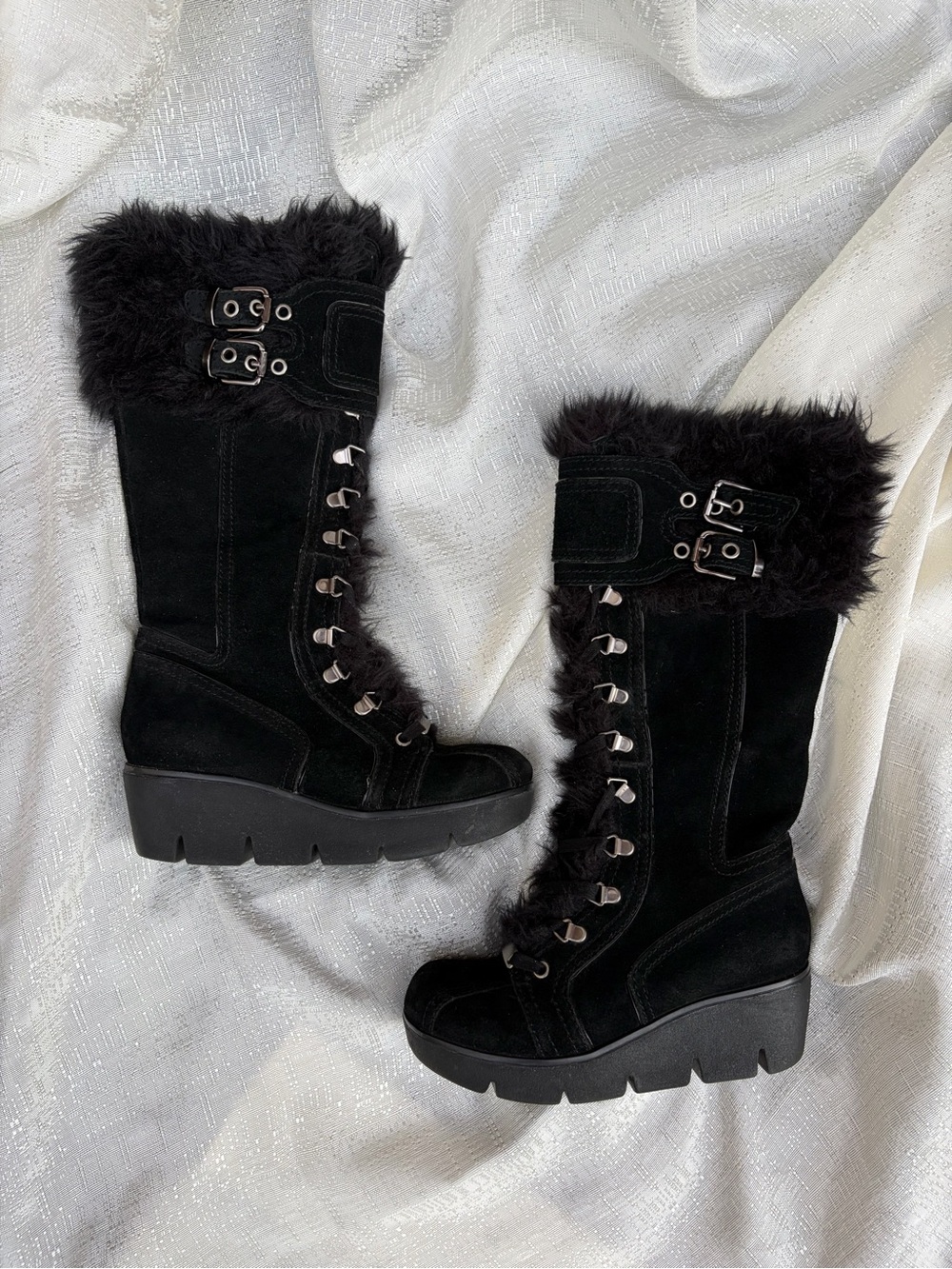 Women's Aldo Y2K Black Faux Fur Lace-Up Wedge Boots